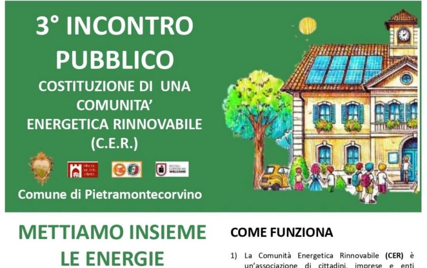 Comunità Energetica, terzo incontro a Pietra: domenica l’appuntamento al teatro
